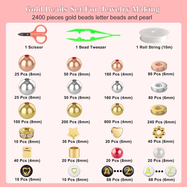 2400 kpl kultaisia helmiä rannekorunvalmistussarjaan, välikehelmiä sarja kultaisilla kirjainhelmillä korujen valmistukseen, lahja tytöille