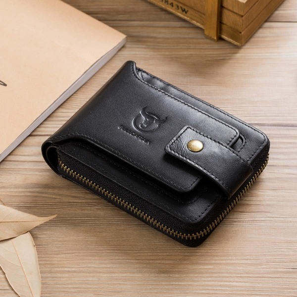 Genuine Leather Wallet for Men Large Capacity ID Window Card Case with Zip Coin Pocket QB-231 (Black)