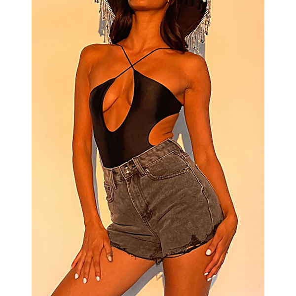 WJSM - Seksuelt Criss Cross Halter badedragt med udskåret ryg - Monokini badedragt i ét stykke Black M