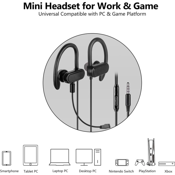 Mini-headset til gaming og webkonferencer, 3,5 mm øretelefoner med mikrofon og ørekroge til pc, mobil, Xbox Series X/S, Xbox One, PS5, PS4, PlayStation,