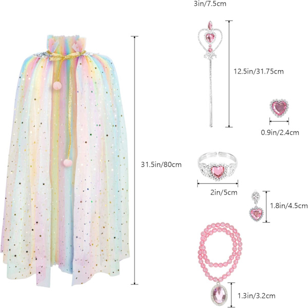 Prinsessekappe-sett 7 deler Jenter Prinsessekappe med Tiara Krone, Tryllestav for Småjenter Kle seg ut Rainbow