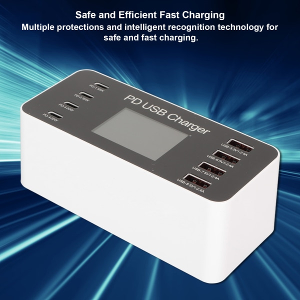 USB-ladestasjon 65W Hub 8 porter USB A USB C PD Rask Multi-lading Dock Kretsbeskyttelse 100‑240V for telefoner nettbrett EU-plugg