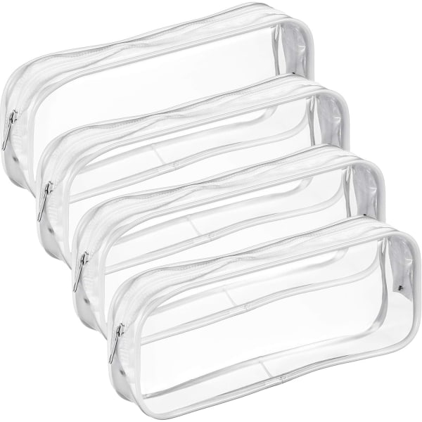 4 kpl Valkoisia Läpinäkyviä PVC-Kynäkoteloita, Suuri Tilavuus, Vetoketju, Kynä- ja Kynälaukku, Meikkipussi White