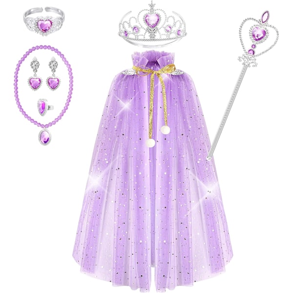 Princess Cape Set 7 delar flickor Princess Cloak med Tiara Crown, Wand för små flickor klä upp Purple