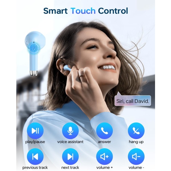 Trådløse ørepropper, Bluetooth 5.3-hodetelefoner 40 timers spilletid med ladeveske, IPX5 vanntette stereo-øretelefoner med mikrofon for iOS Android Blue