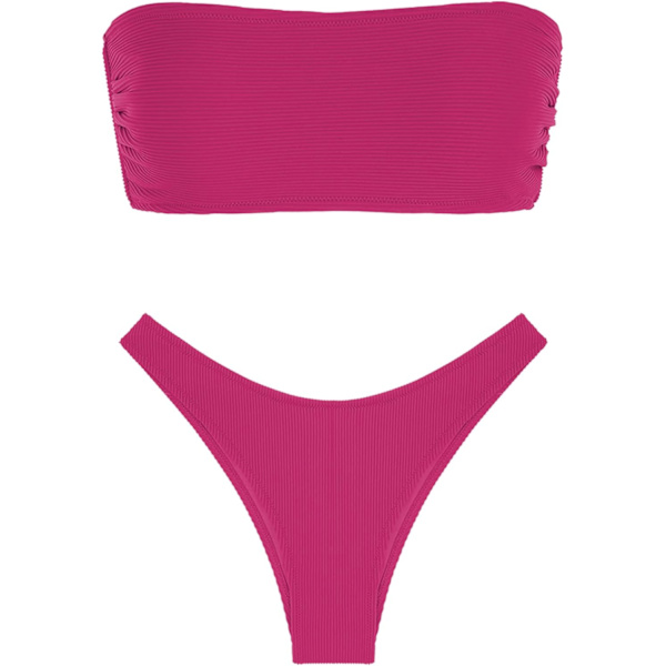 WJSMWomen 2-osainen Bandeau-uimapuku Ribbed Lace up Olkaimettomat Bandeau Bikinisetti High Cut Uimapuvut 0-rose Red L