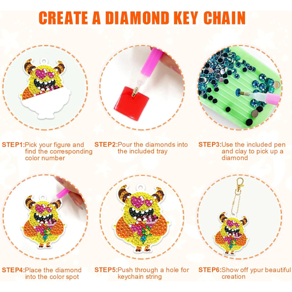 Kunstmaleri Nøkkelringer, 12 stk 5D Monster Diamanter Maleri Nøkkelringer Tegneserie DIY Diamant Dekorative Tilbehør Kunst og Håndverk for Barn Voksne
