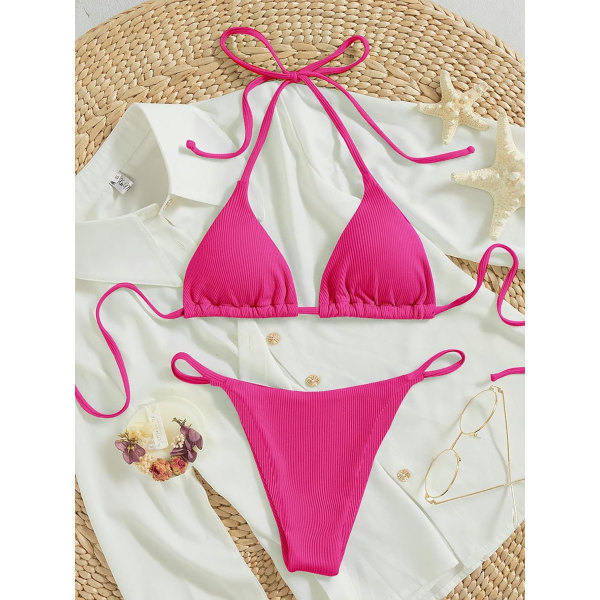 WJSMWomen's Halter Tie Side Triangle Bikini Sæt højskåret 2-delt Bikini Badedragt Badedragt Hot Pink Solid M