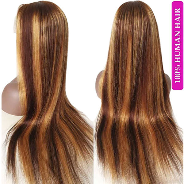 Ombre-högdlockig Lace Front-peruk Mänskligt Hår 180% Densitet Honungsblond Lace Front-peruk Rak 13x4 Transparent Lace Limfri Peruk 4/27 Färgad Peruk Förplucked Frontal Ombre Highlight Wig 22 Inch