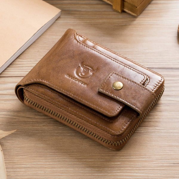 Genuine Leather Wallet for Men Large Capacity ID Window Card Case with Zip Coin Pocket QB-231 (Brown)