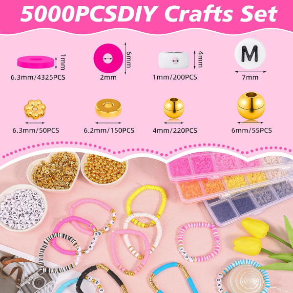 5000 stk Vennskapsarmbåndsett Leireperler Armbåndslagingsett Blå Hvit Heishi Leireperler for Armbånd med Bokstav Gullperler for Smykkeproduksjon K Blue Series Clay Beads