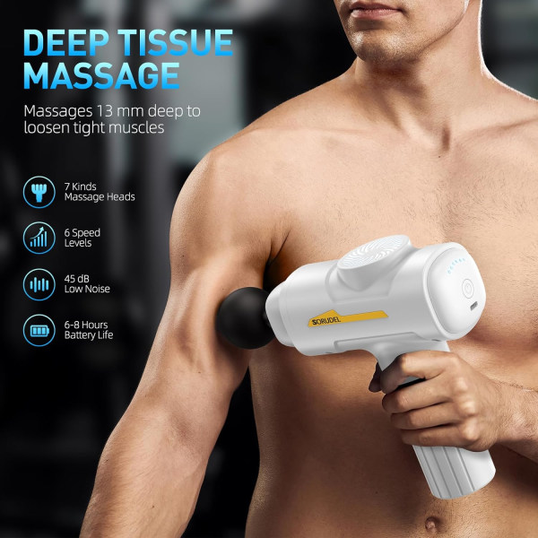 Massagepistol, ryggmassagepistol för idrottare Muskelmassagepistol för smärtlindring med 7 massagehuvuden och 6 hastigheter och case krämig (vit)