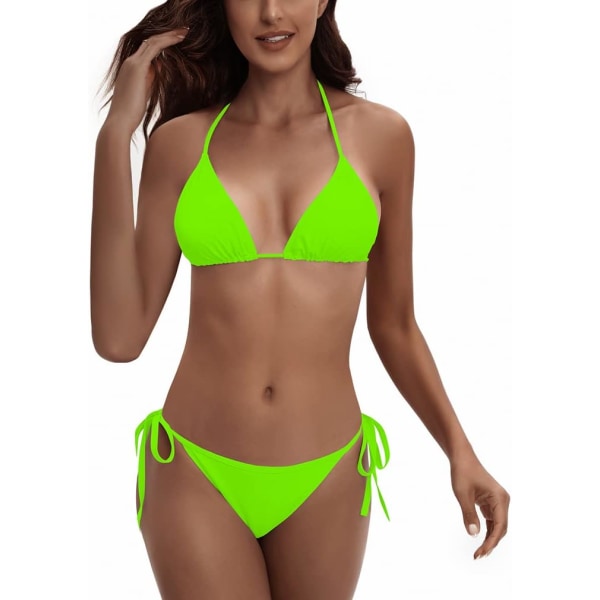 WJSM Naisten 2-osainen uimapuku Halter-nauha-bikinit Säädettävä uimapuku pehmusteilla Fluorescent Green S