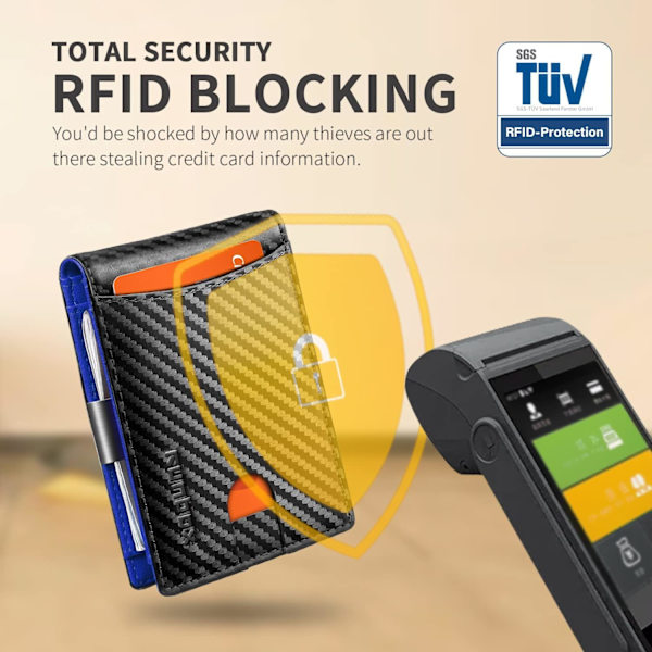 Smal Pengklämma Plånbok för Män RFID-Blockering 11 Kortplatser Minimalistisk Liten Läder Plånbok för Män Frontficka Presentask Carbon Black n Blue