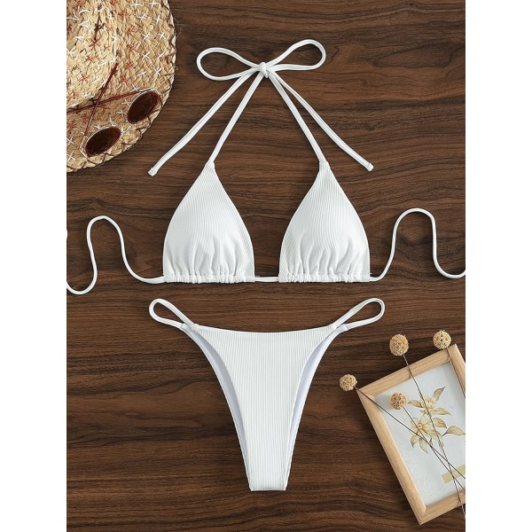 WJSM Dame Halterneck Binde Side Trekant Bikini Sæt Høj Skæring 2-delt Bikini Badetøj Ribbed White S