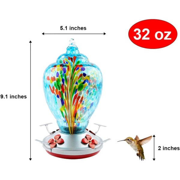 Kolibrimater for utendørs terrasse Stor 32 unser Fargerik håndblåst glass Kolibrimater med maurgrav Hengekrok, tau, børste og service B