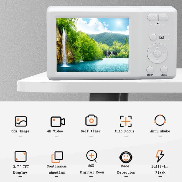 56MP 4K Digitalkamera 2,7 tum 20x Digital Zoom Autofokus Liten Kamera med Inbyggd Blixt White