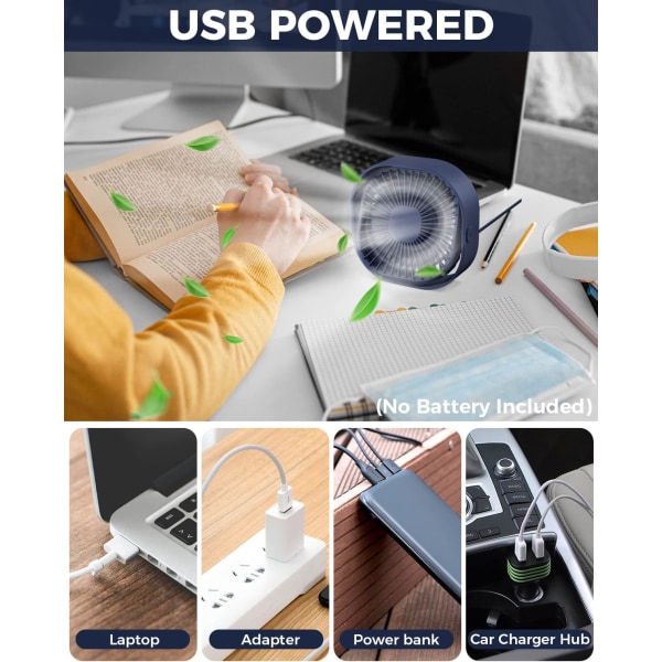 Lille USB skrivebordsventilator, 3 hastigheder bærbar bordventilator, 4 tommer personlig miniblæser, lille køleblæser med USB-stik, 360° roterbar lydløs skrivebordsventilator til hjemmet Blue