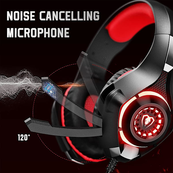 Spelheadset för PS4 PS5 Xbox One Switch PC med brusreducerande mikrofon, djup bas stereoljud (svart röd)-1 Black Red