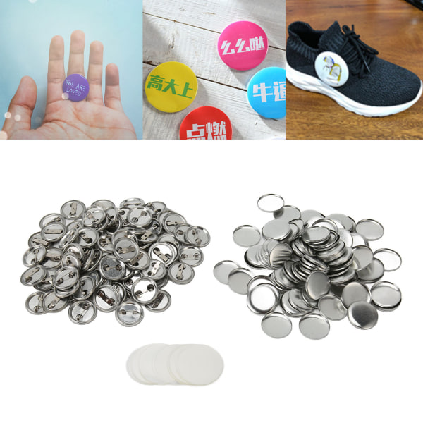 100 uppsättningar Blank Button Badge Parts Set Rund Form Rostskydd Enkel print Knappnål Badge Kit för knapptillverkningsmaskin 32MM