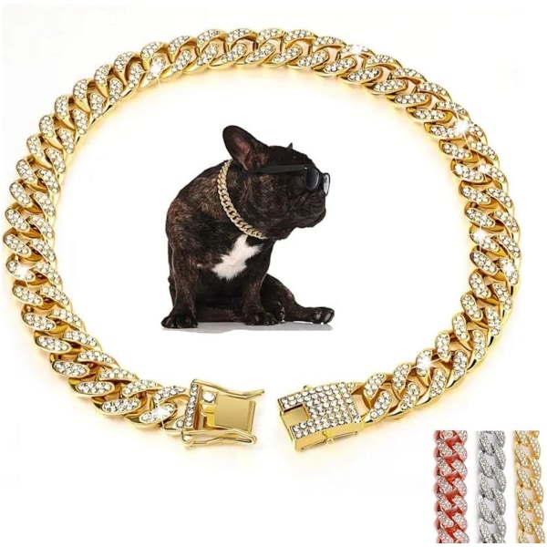 Hundehalsbånd med gullkjede med Bling, glitter Rhinestone gnistrende diamantmetallkjede Cuban Link-kattehalsbånd for små middels store kjæledyrhunder Valp, 24 Gold 24 inch