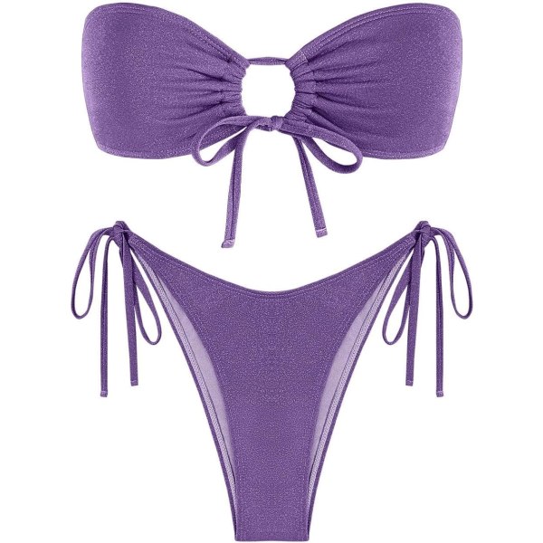 WJSM Dam badkläder Bandeau Bikini Set Tie Side Badkläder O Ring Cinched Strapless Baddräkt Halter Tvådelad Baddräkt 446_purple Metalic XL