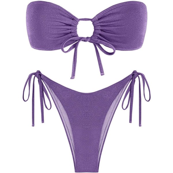 WJSMWomen's Bandeau Bikini Sæt Tie Side Badetøj O-ring Cinched stropløs badedragt Halter todelt badedragt 446_purple Metalic L