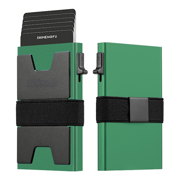 Slank Aluminium Kort Holder Tegnebog til Mænd, Holdbar Udvidbar Bagplade, RFID Blokering Minimalistisk Metal Pop Up Tegnebog, Holder 12+ Kort Plus Kontanter Green
