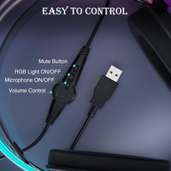 USB -pelikuulokkeet mikrofonilla PC:lle, RGB Rainbow -taustavalo, virtuaalinen 7.1-surround-ääni, 50 mm:n ohjain, pehmeät kuulosuojaimet, langallinen kannettava pöytätietokone Black