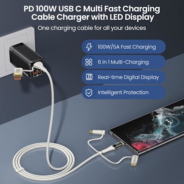 USB-C till Multiladdningskabel, USAMS 100W 4FT 5A Typ C till Typ C Snabbladdningskabel med LED-display 5-i-1 C/A till C/Micro/IP Synkroniseringsladdningsadapter White 2m