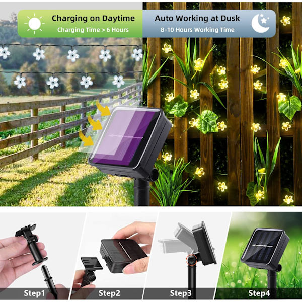 Solcelled Blomststrenglys Utendørs Vanntett 50 LED Feelyssløs Julepynt for Hage Gjerde Patio Hage Juletre, Hjem, Plen, Bryllup White