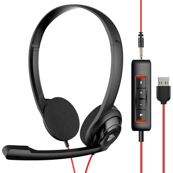 HW02 USB datorheadset med tydlig chattmikrofon, lätta on-ear-headset för MS Teams, Skype, webbseminarier, callcenter och mer (svart) Black