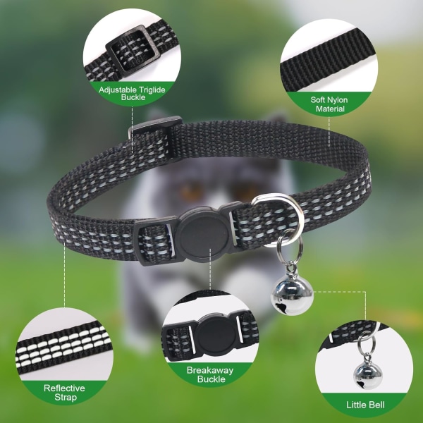 10 Pack Breakaway Cat Collars - Reflective Kitten Collars Black Adjustable Kitty Collars with Bells for Girl Boy Cats Pet Gifts Supplies Stuff Access