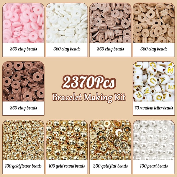 Lerbåndssæt med lerperler, 2370 stk. flade polymerler Heishi-perler armbåndsfremstillingssæt til piger voksne, DIY venskabsarmbåndssæt med guldperler Lett