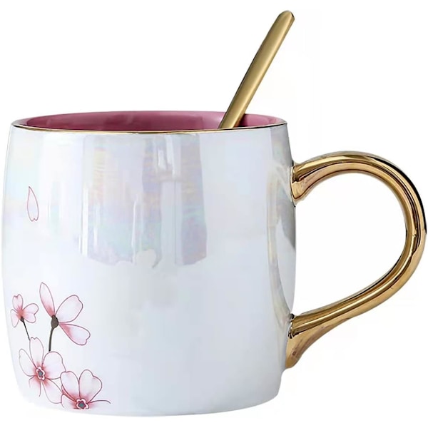 13.5oz Keramikmugg med lock och guldsked i körsbärsblommönster - Vacker tekopp för kaffe, unik Sakura-gåva för kvinnor
