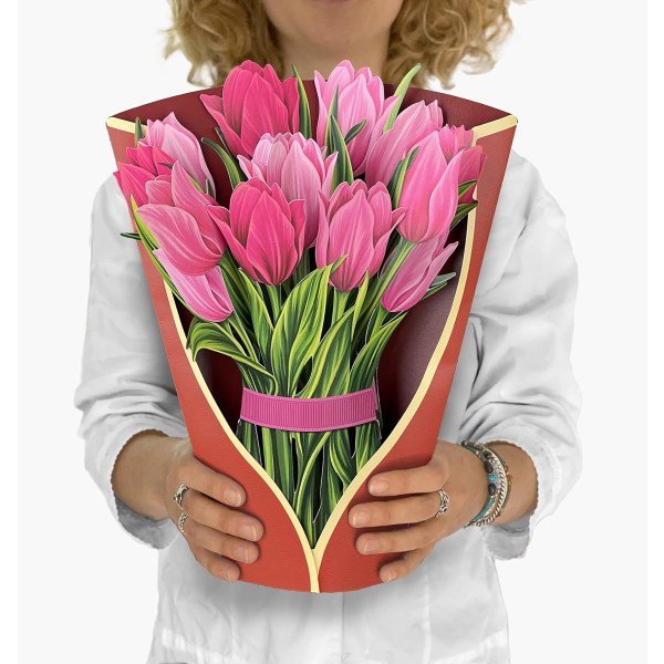 Nyklippta popup-kort i papper, engelska påskliljor, 12 tums naturliga blomsterbukett 3D Popup-hälsningskort med anteckningskort och kuvert