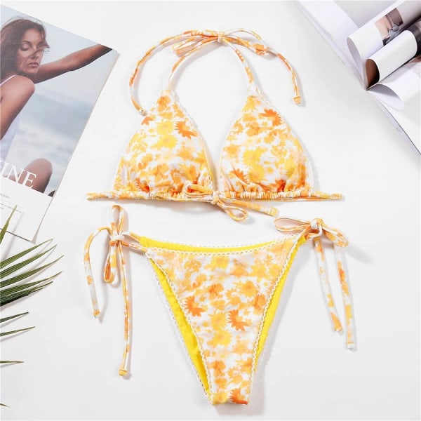 Bikini Set för Kvinnor, Triangel Badkläder, Bandage String Tanga Yellow M