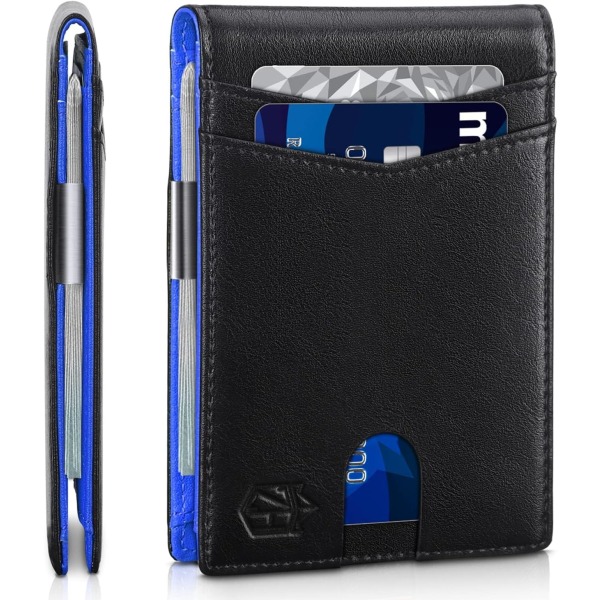 Smal plånbok för män Present 12 kortplatser ID-fönster med pengaclip Minimalistisk RFID Framficka Bifold Läder Liten tunn Presentask Pappa Födelsedag Christ Classic Black and Blue