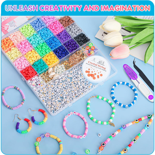 5800 STK Clay Beads Armbåndsfremstillingssæt, 24 farver flade præppy perler til venskabssmykkefremstilling, Polymer Heishi Perler med Charms DIY Arts and Cra