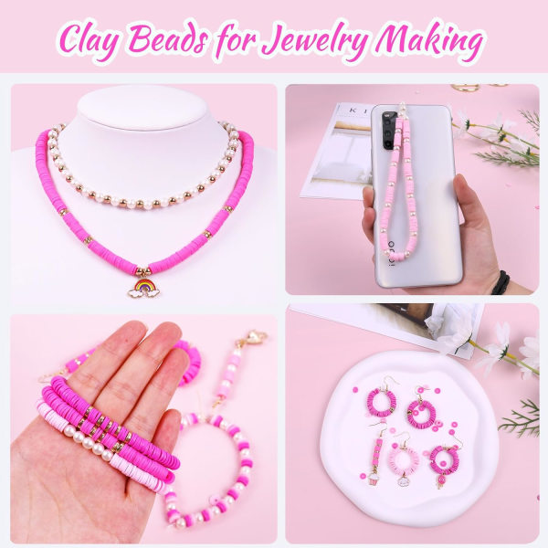3500 st Pink Clay Beads Kit för armbandstillverkning, Polymer Heishi-pärlor för smyckestillverkning, Friendship Armband Kit för flickor Vuxna, Spacer Pearl Be Pink
