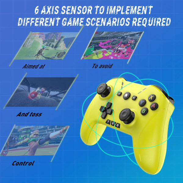 Bluetooth-controller til Switch/PC/Steam/Apple Arcade MFi-spil osv., Switch Pro-controller trådløs med justerbar dobbeltbevægelse, Turbo, Makroer, 6-akset Yellow