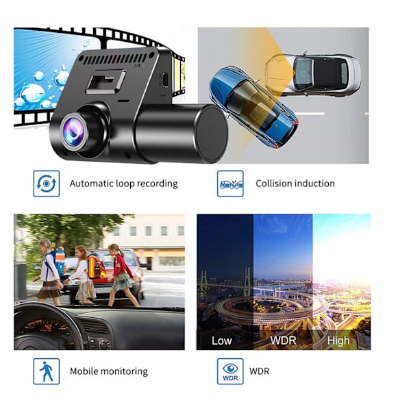 3-kanavainen kojelautakamera 1080P kolmisuuntainen kolminkertainen autokamera yökuvaus silmukka tallennus ajotallennin