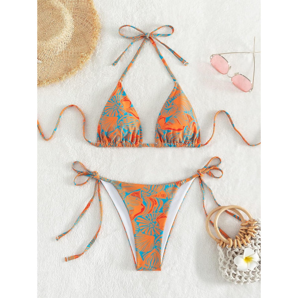 WJSM Dame Halterneck Tie Side Triangle Bikinisett Høy Skjæring 2 Delers Bikini Badetøy Allover Print S