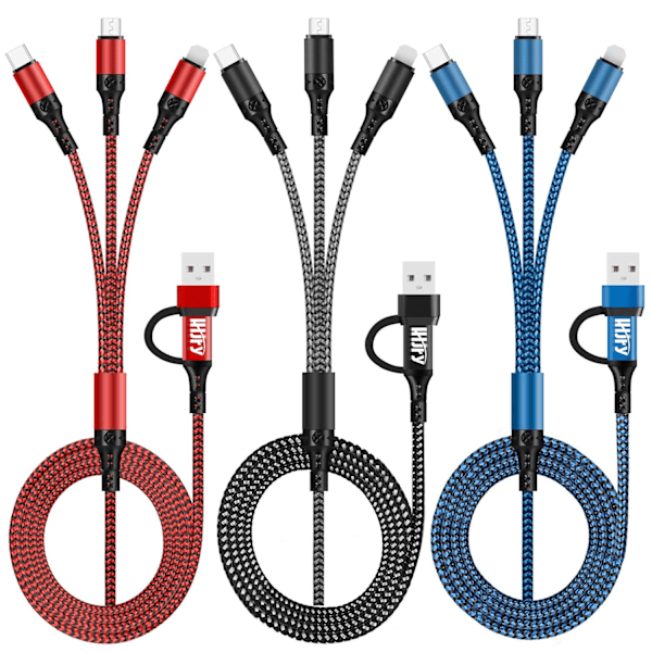 Multiladdningskabel (3-pack, 1,2 m) 6 i 1 USB A/C till USB C/Micro USB/i-P-kontakt Flera laddningskablar för mobiltelefon/IP/Galaxy/PS/iPads och mer