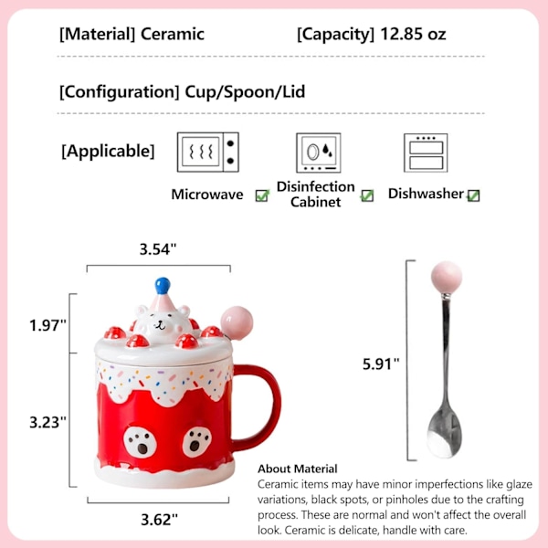 Kaffemælkekop Sød Bjørn Fødselsdagskage Keramik Med Låg Og Ske 13 oz Til Kontor Hjem Mors Dag Fødselsdag Julegave Red