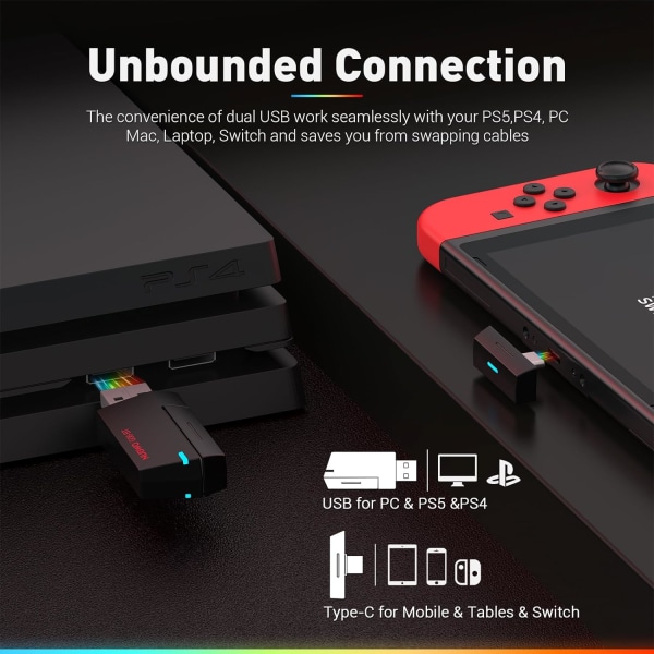 G08 Dobbelt Trådløst Spillhodetelefon med Mikrofon for PS5, PS4, PC, Mobil, Tablet: 2.4Ghz Trådløs + 5.3 Bluetooth - Lett - RGB Lys - Rød Red