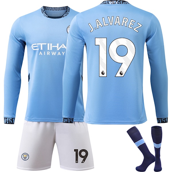 24-25 Manchester City Hjemme Langærmet Fodboldtrøje Børnefodboldsæt No.19 J.Alvarez L
