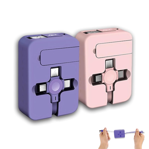 2-pack 3-i-1 Multi Retraktil Laddningskabel, 3-i-1 Laddningskabel Rulle, Multi Retraktil USB-Laddningskabel med Micro USB IP Typ C-kontakter Purple+Pink