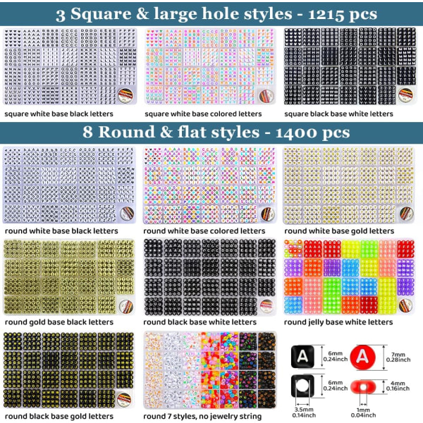 Pärlor, Bokstavspärlor, Alfabetiska Pärlor i 28-Rutslåda (6 x 6 mm (Kvadrat, Stort Hål), Vita Bokstäver & Svart Bas)