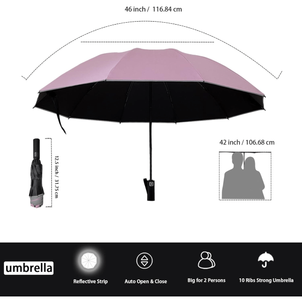Automatiskt öppet stort, kompakt omvänt paraply för regn- och UV-skydd Inverterade hopfällbara paraplyer med reflekterande säker rand, bärbar för män och Pink